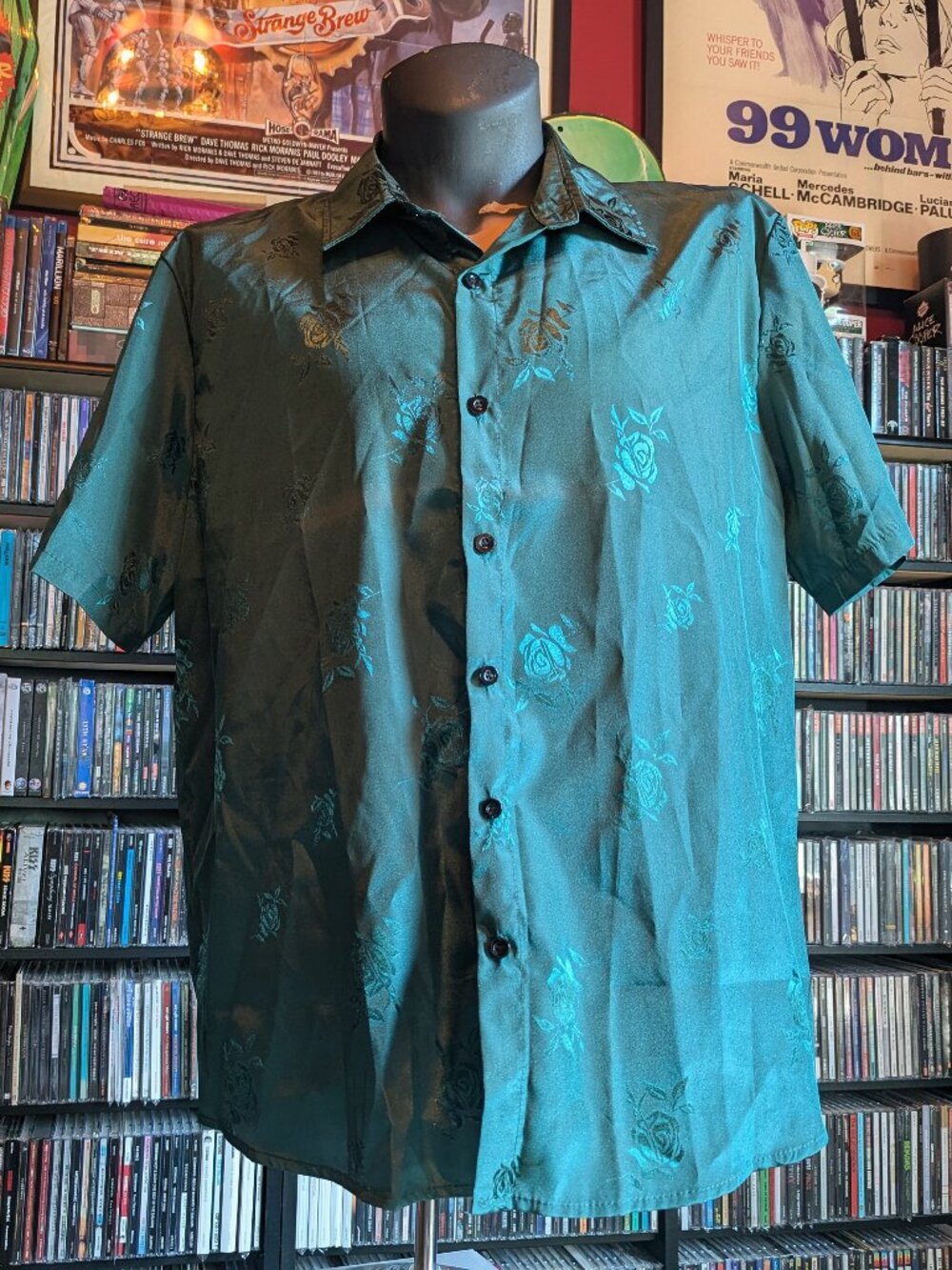 Green Flowers Men's Retro-Style short-sleeve button up shirt size L